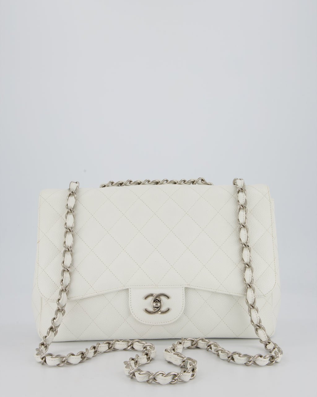Chanel White Jumbo Classic Single Flap Bag in Caviar Leather with Silver Hardware
