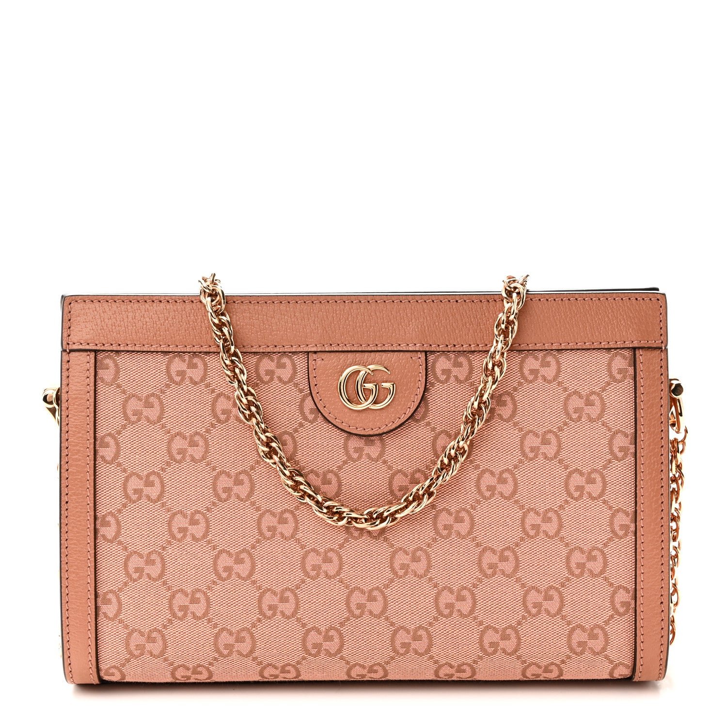 Gucci Monogram Textured Dollar Calfskin Small Ophidia Chain Shoulder Bag Cloche Rose Pink