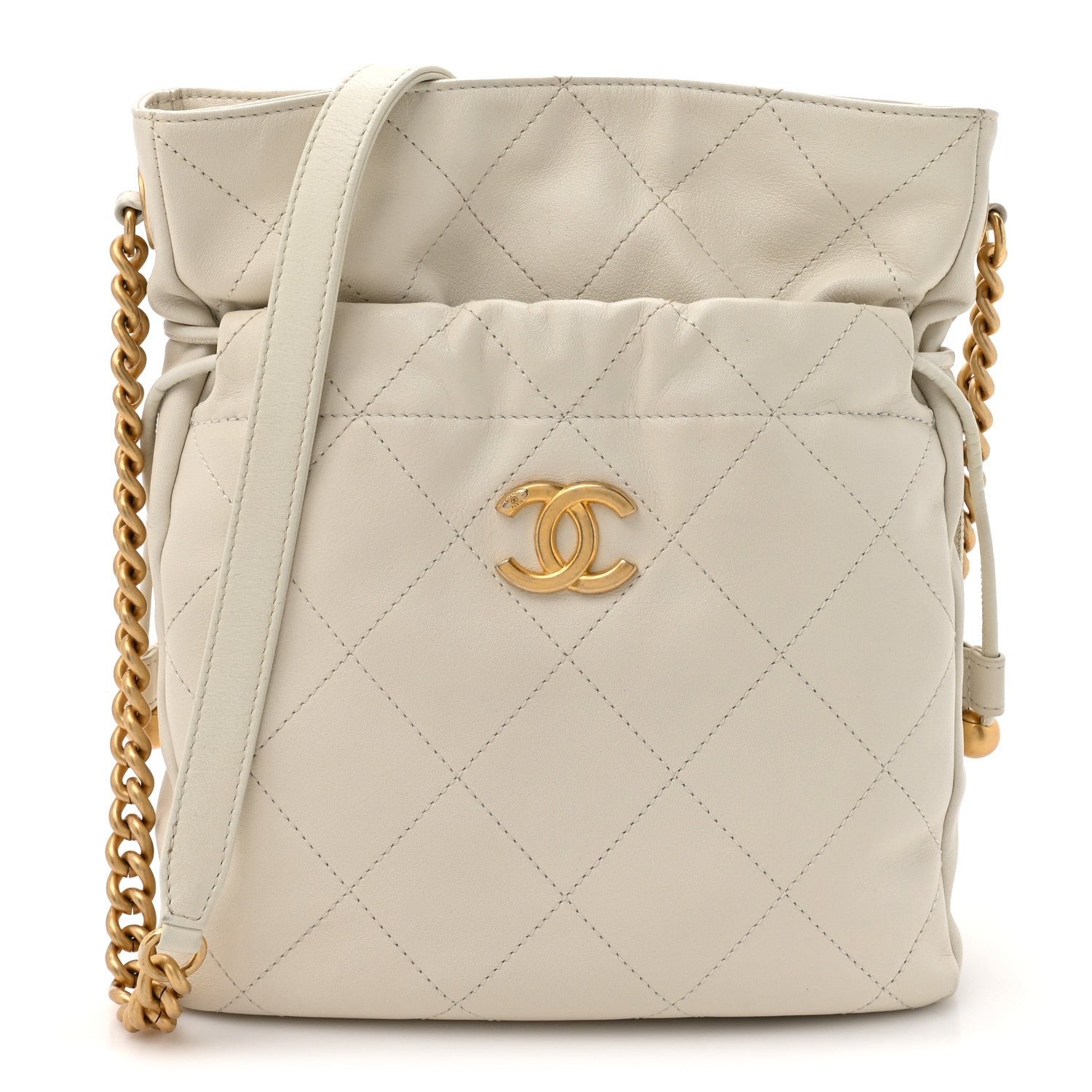 Calfskin Quilted Drawstring Bucket Bag White