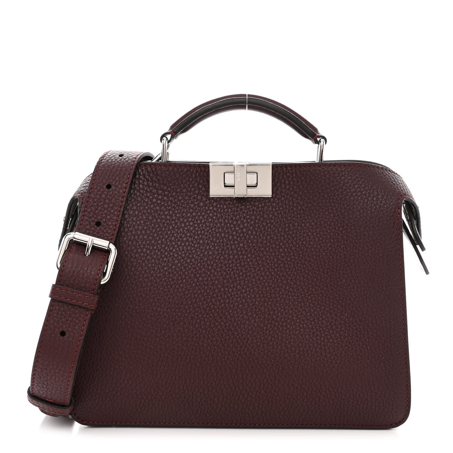 Fendi Cuoio Romano Vitello Cover Glazed Fabric Bi-Color FF 1974 Mini Peekaboo I SEE U Satchel Granada Tartufo Burgundy Tobacco Moro