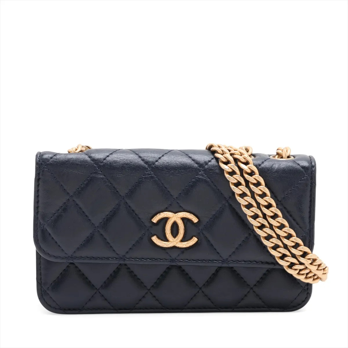 Chanel Matelasse Lambskin Chain Wallet Navy Blue Gold Metal Fittings random seri