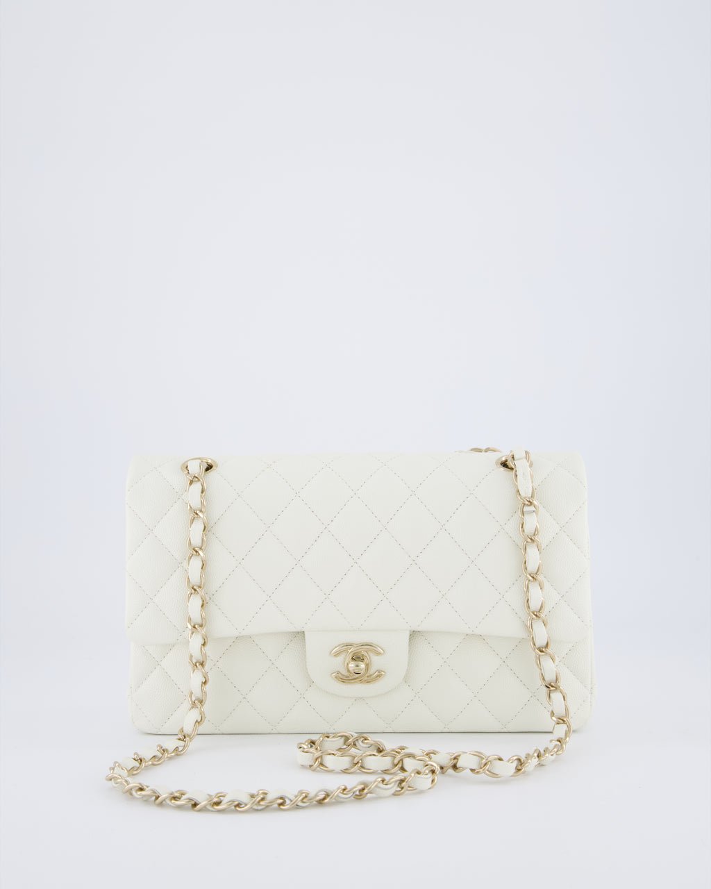Chanel White Medium Classic Double Flap Bag in Caviar Leather with Champagne Gold Hardware
