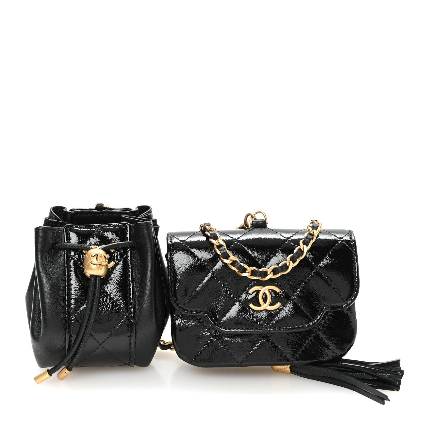 Chanel Crumpled Patent Lambskin Quilted Tassel Clutch With Chain Black