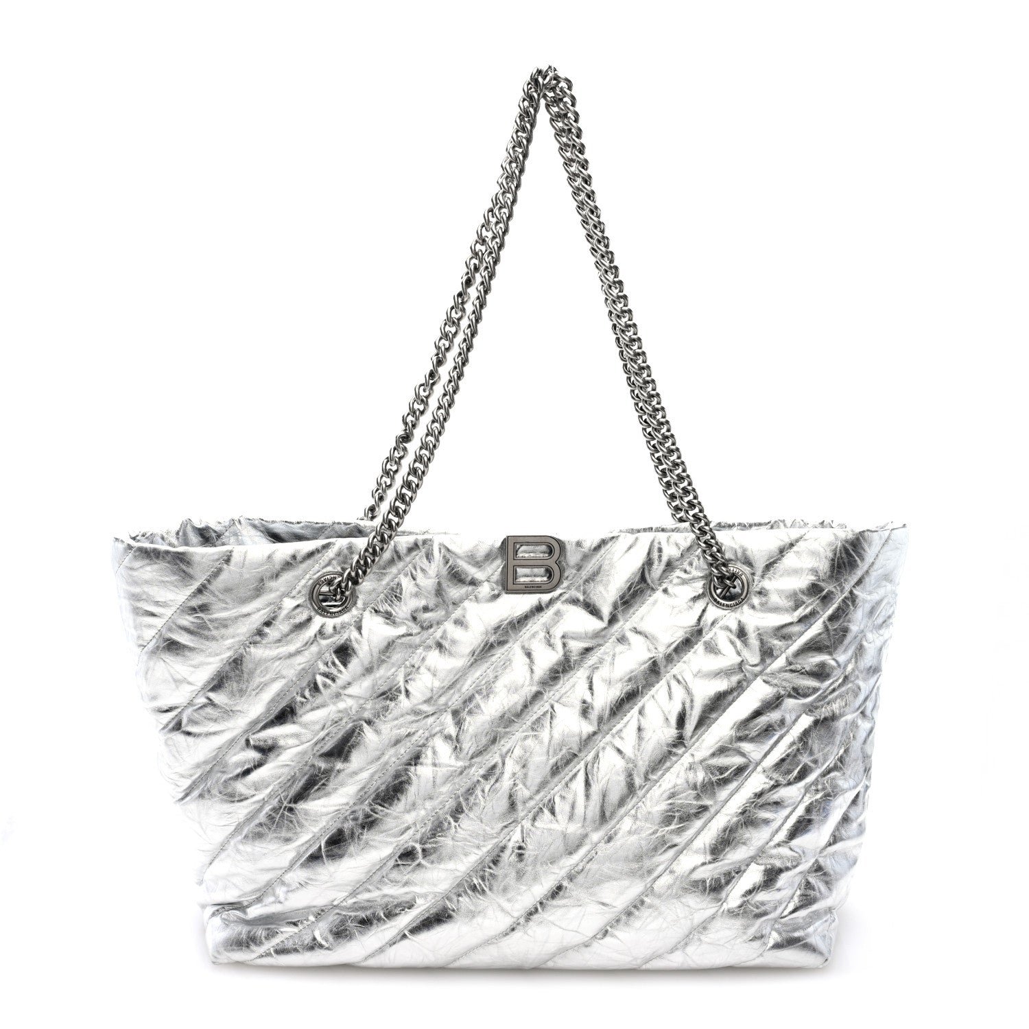 Balenciaga Metallic Crushed Calfskin Quilted Medium Crush Carry All Tote Bag Silver
