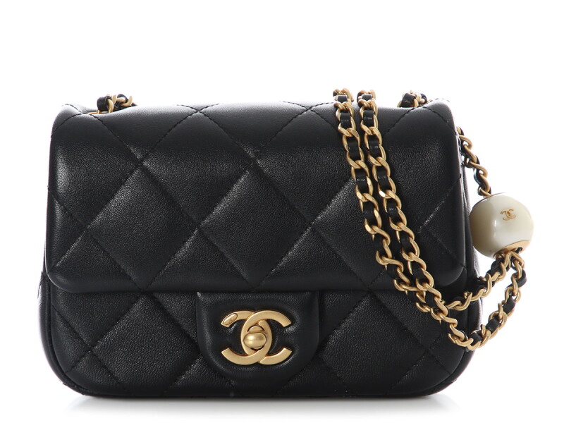 Black Quilted Aged Calfskin Double Pearl Mini Flap Bag Gold Hardware, 2024