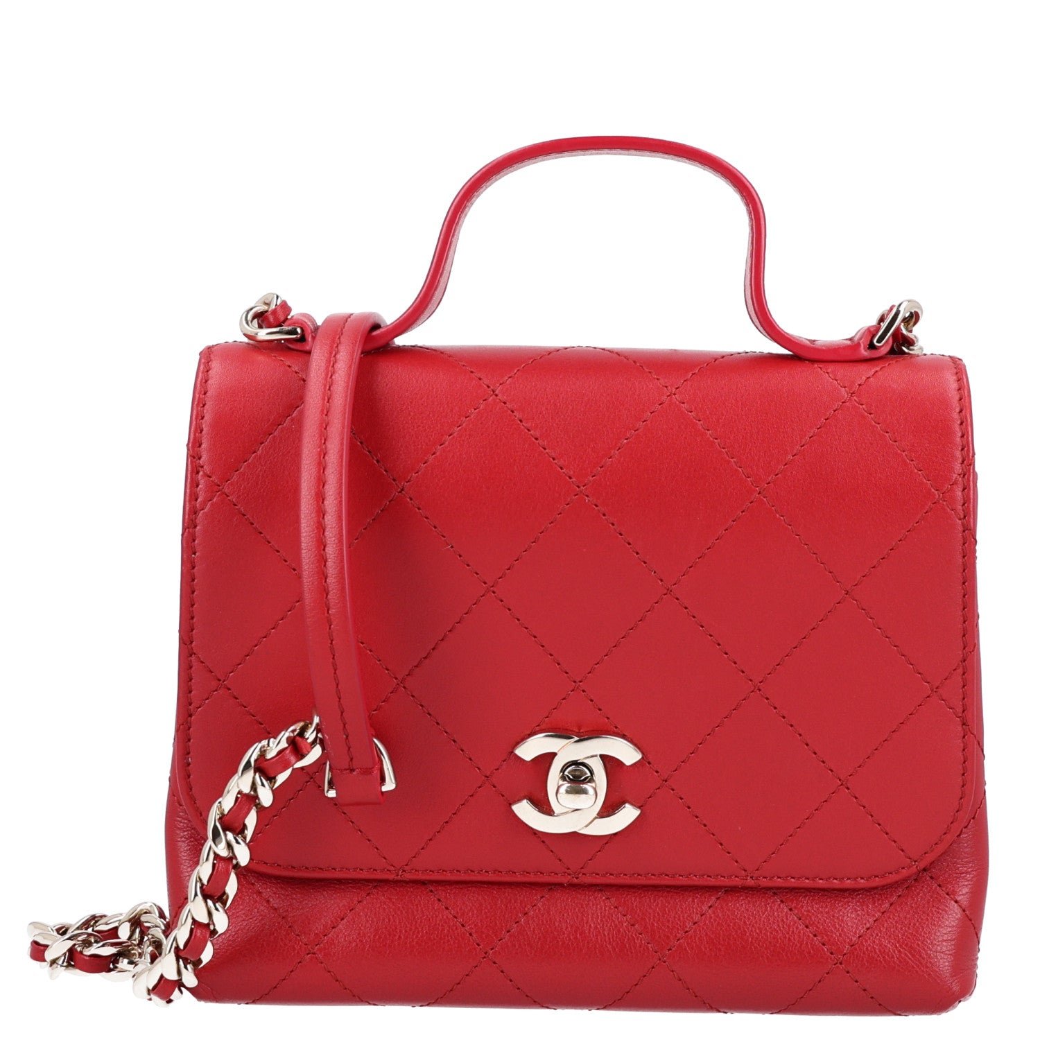 Chanel Calfskin Quilted Small Double Pocket Top Handle Flap Red