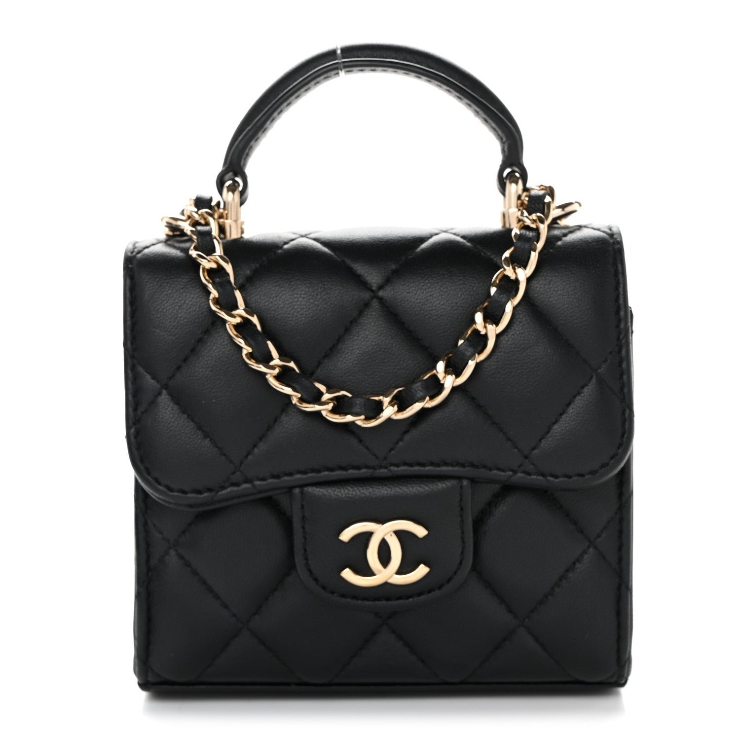 Chanel Lambskin Quilted Top Handle Flap Clutch With Chain Black
