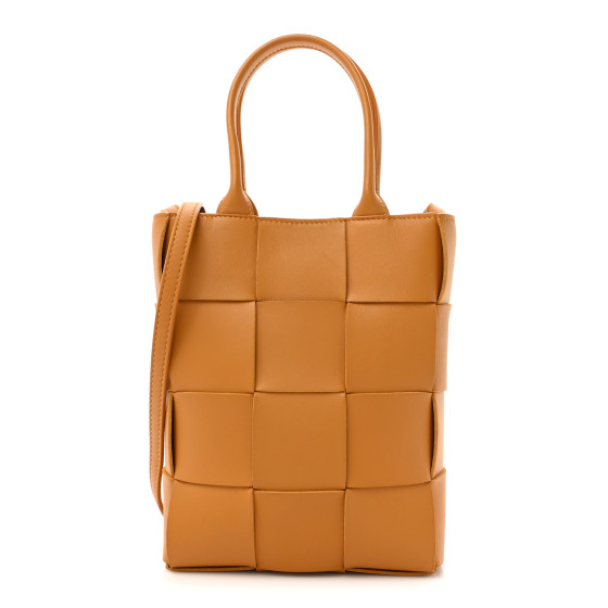 Bottega Veneta Lambskin Maxi Intrecciato Mini North South Cassette Tote Camel Gold