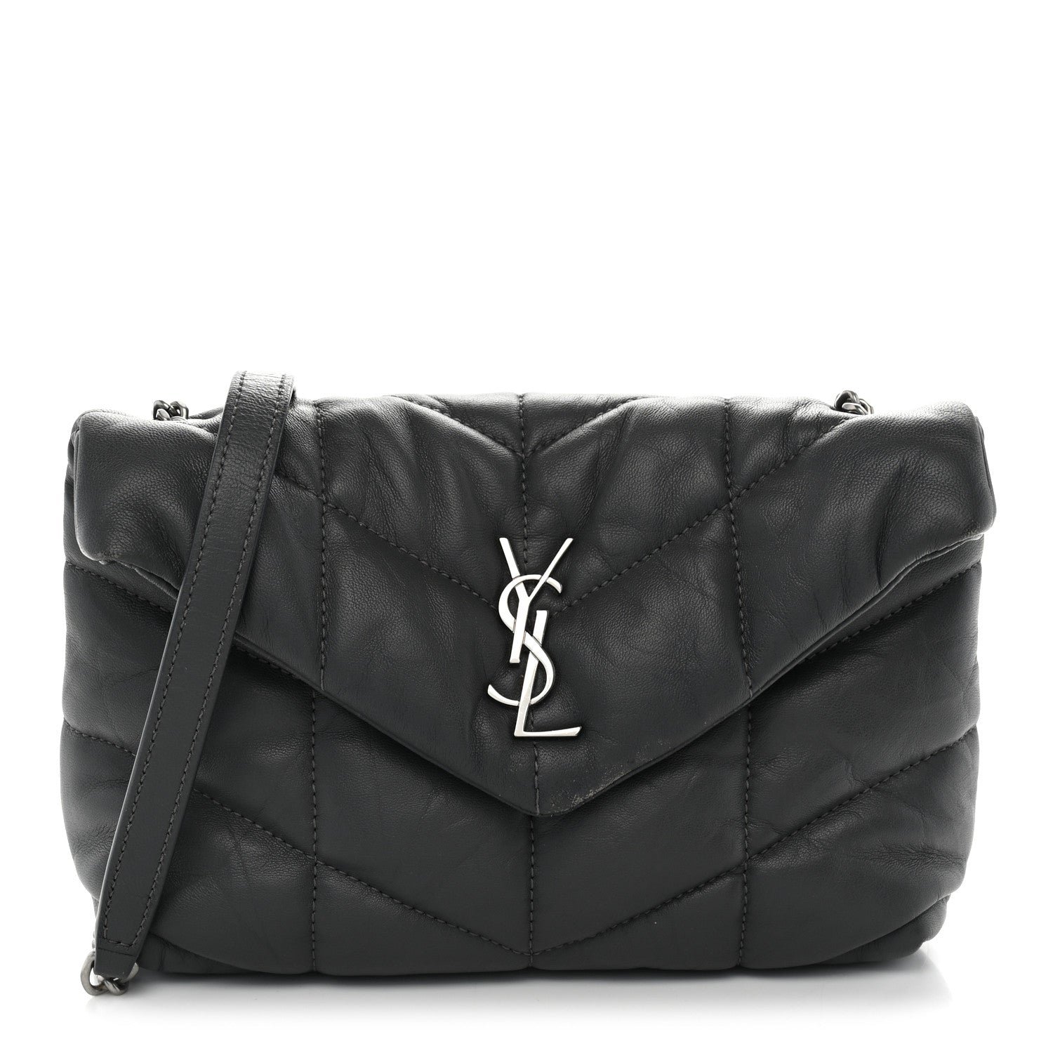 Saint Laurent Lambskin Quilted Toy Loulou Puffer Monogram Chain Satchel Storm