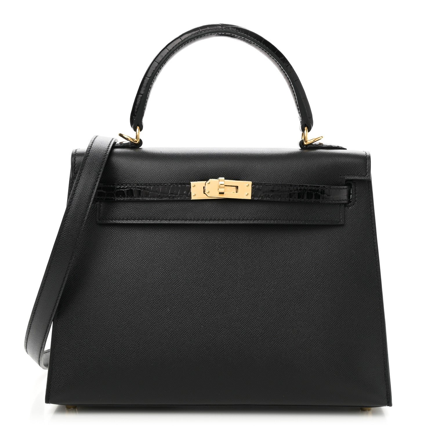 Hermes Madame Calfskin Shiny Niloticus Crocodile Kelly Sellier Touch 25 Black