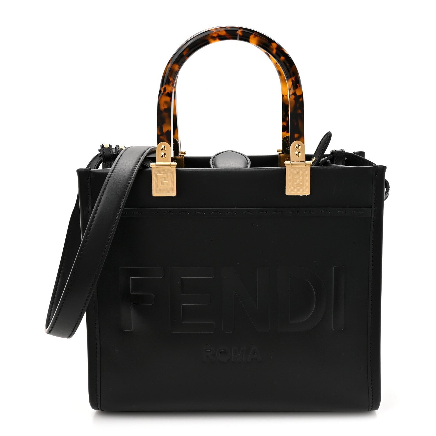 Fendi Vitello King Plexiglass Logo Embossed Small Fendi Sunshine Shopper Tote Black