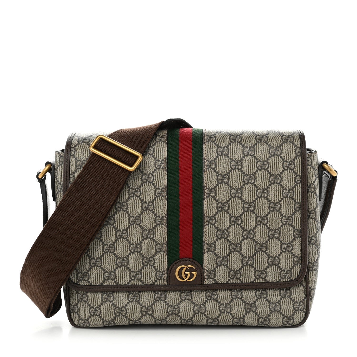 Gucci Tender GG Supreme Monogram Textured Dollar Calfskin Ophidia Messenger Bag Beige Ebony Dark Brown