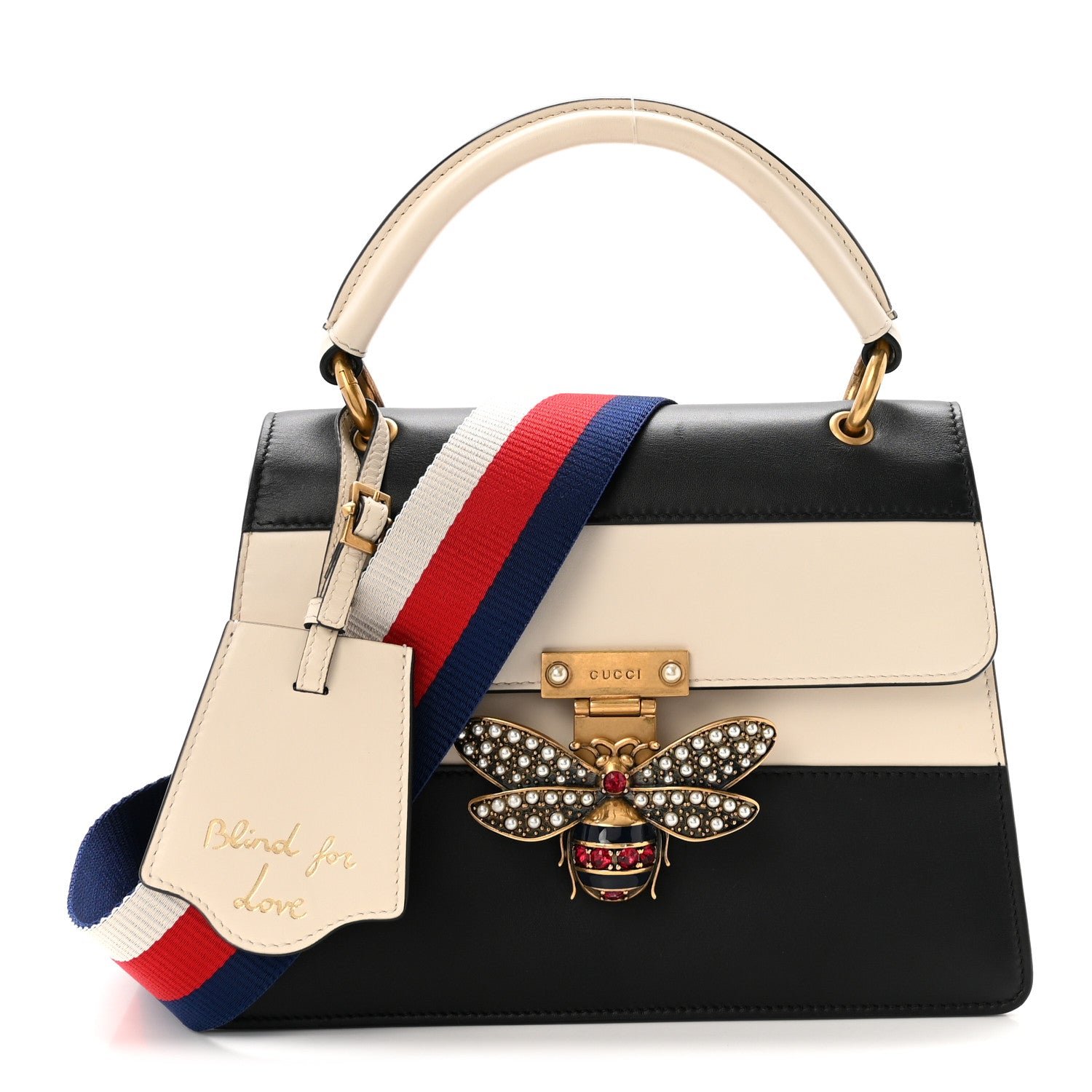 Gucci Calfskin Sylvie Web Small Queen Margaret Top Handle Bag Black White