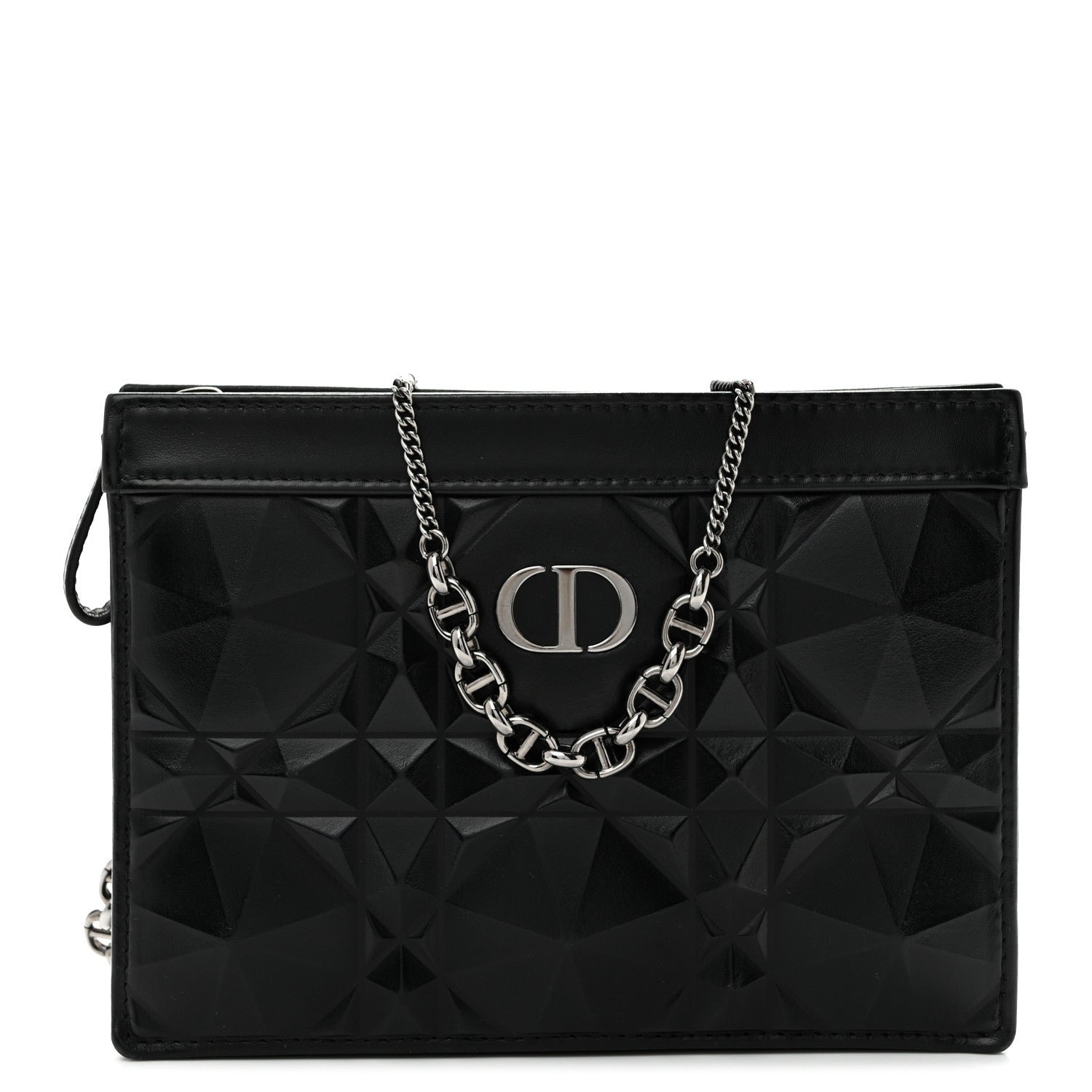 Christian Dior Calfskin Macrocannage Diamond Caro Zipped Pouch With Chain Black