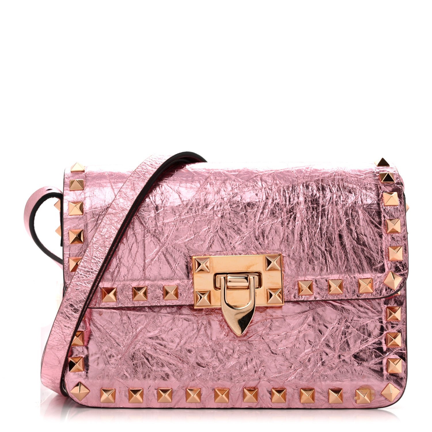 Valentino Garavani Valentino Garavani Metallic Crackle Effect Calfskin Rockstud Flip Lock Shoulder Bag Rose Cannelle