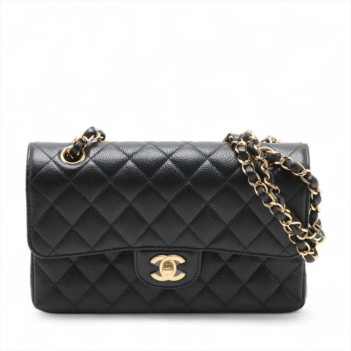Chanel Matelasse 23 Small Caviar Skin Double Flap Double Chain Bag Black Gold Me