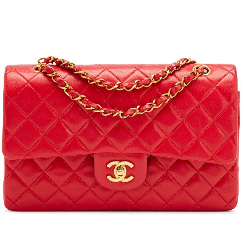 Vintage Lipstick Red Quilted Lambskin Classic Medium Double Flap Bag Gold Hardware, 1994-1996