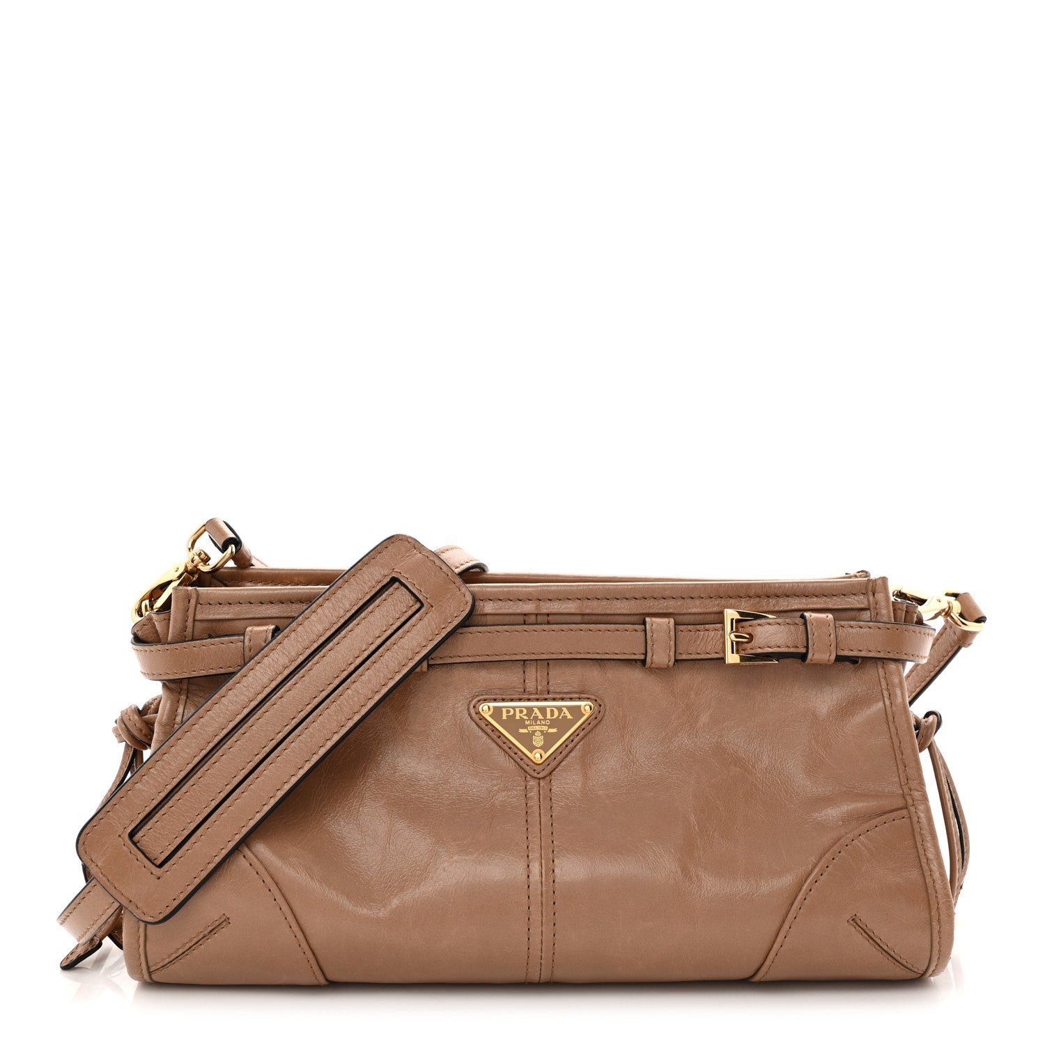 Prada Glossy Calfskin Triangle Small Bonnie Shoulder Bag Cameo