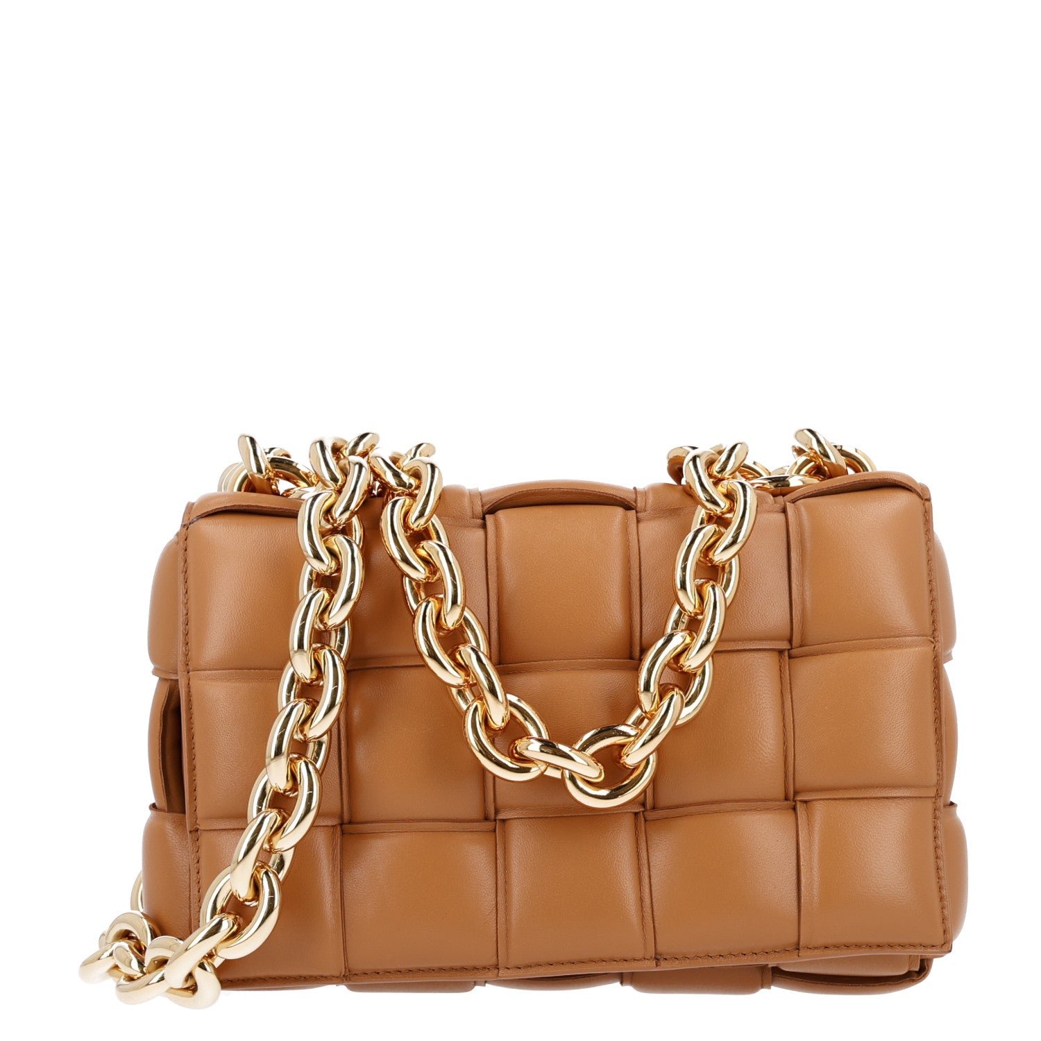 Bottega Veneta Lambskin Maxi Intreccio Padded Chain Cassette Crossbody Bag Caramel
