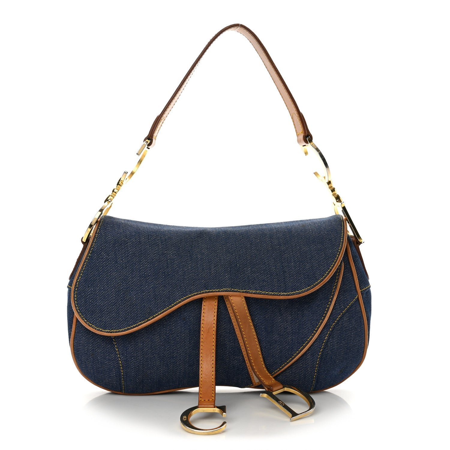 Christian Dior Denim Calfskin Double Saddle Bag Blue