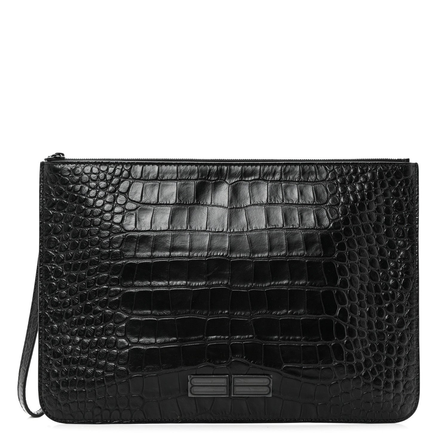 Balenciaga Extra Supple Calfskin Monochrome Crocodile Embossed BB Wristlet Pouch Black