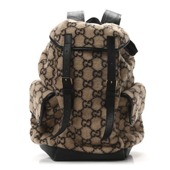 Gucci Covered Wool GG Monogram Large Double Buckle Backpack Beige Ebony Black