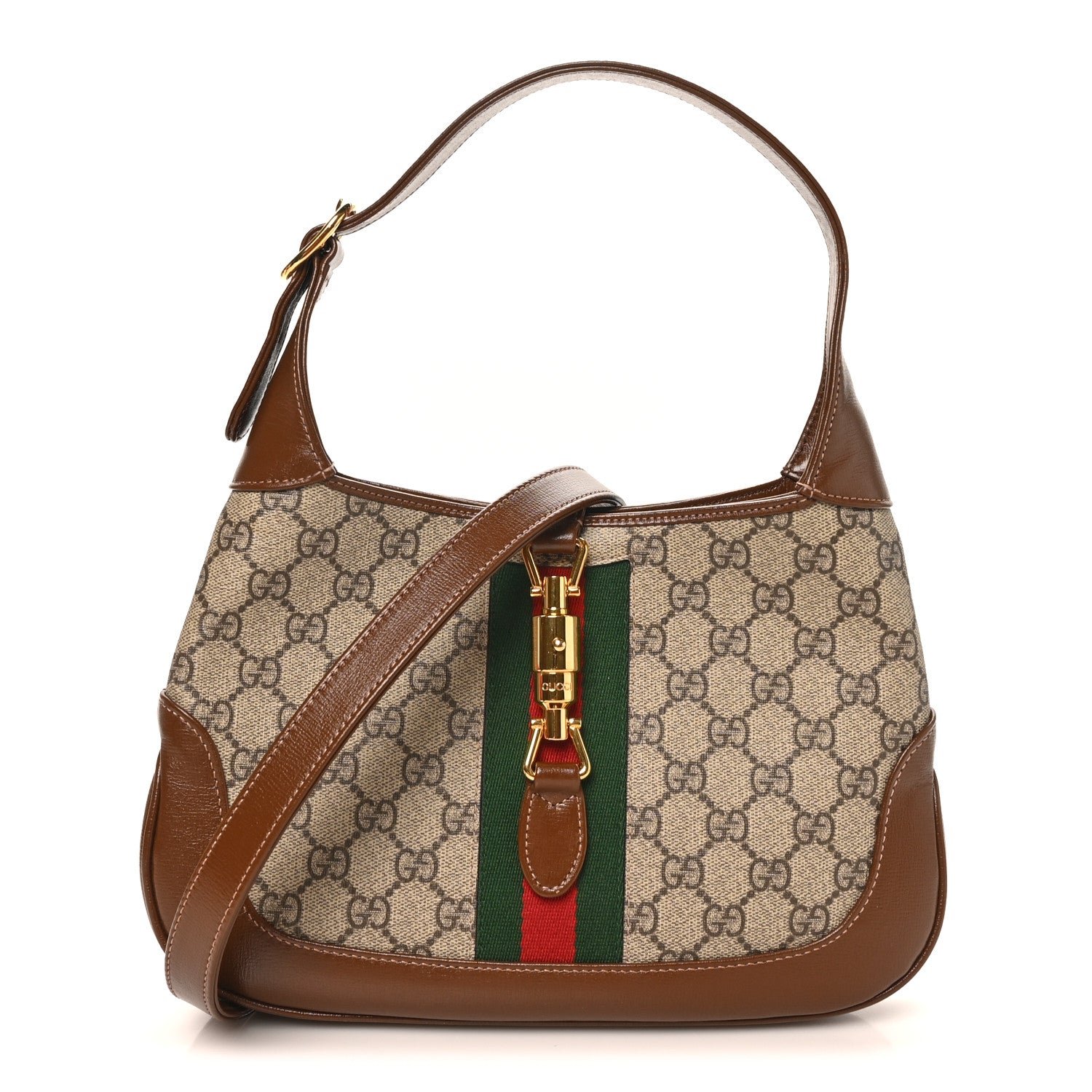 Gucci GG Supreme Monogram Azalea Calfskin Web Small Jackie 1961 Hobo Beige Ebony Brown Sugar