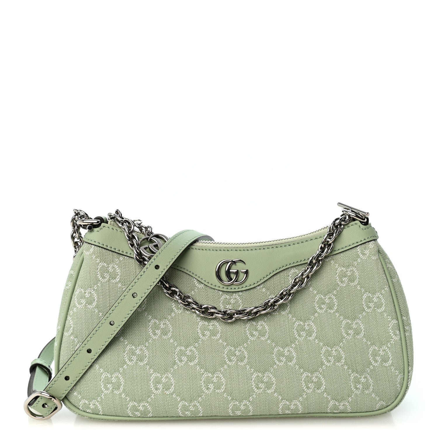 Gucci Denim GG Monogram Calfskin Mini Ophidia Flap Shoulder Bag Pale Green