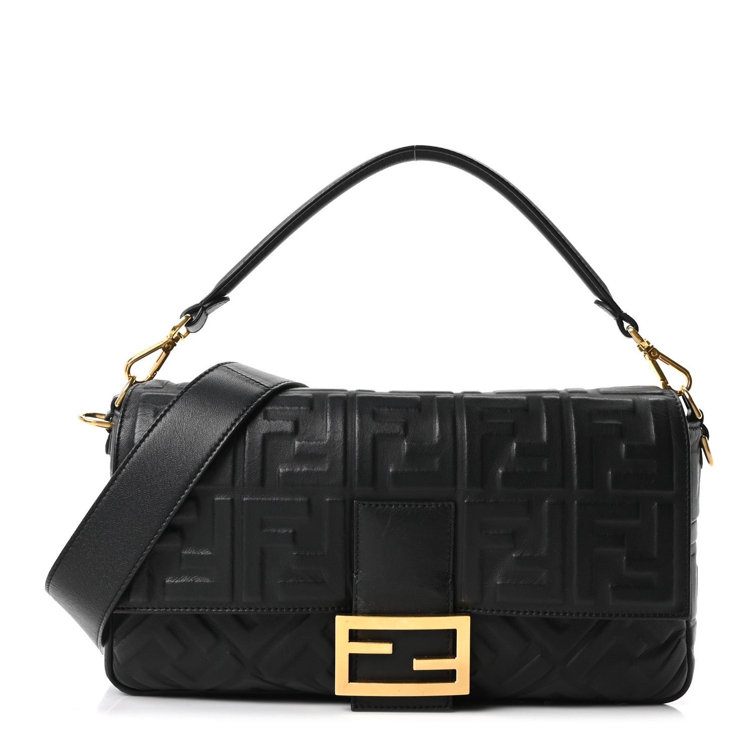 Fendi Nappa FF 1974 Embossed Large Baguette Black