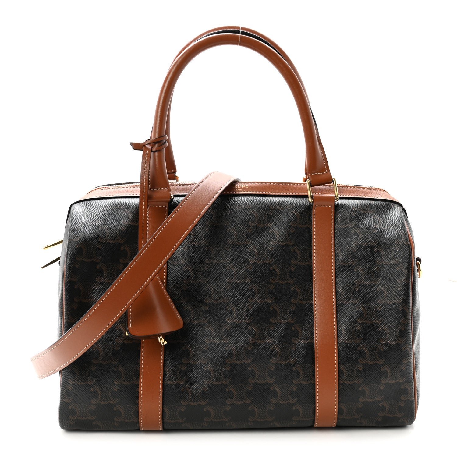Celine Triomphe Canvas Calfskin Boston Bag Tan