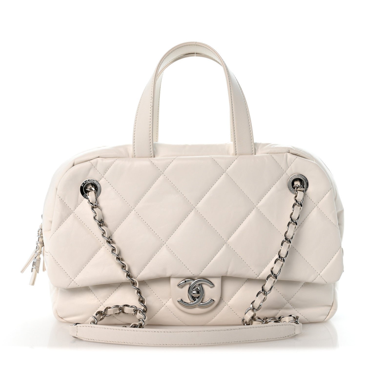 Chanel Aged Calfskin Quilted Small Express Bowling Bag White