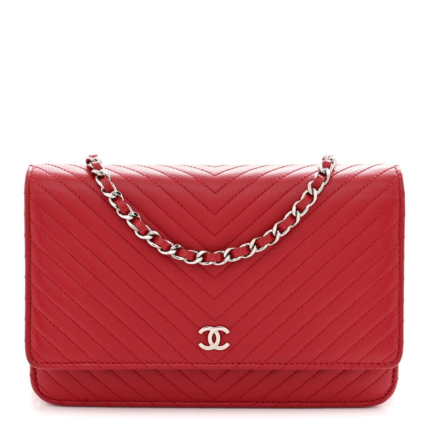 Chanel Caviar Chevron Quilted Wallet On Chain WOC Dark Red