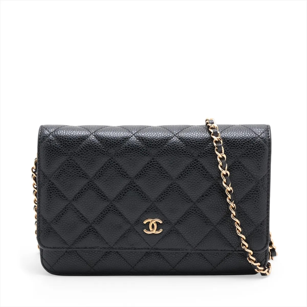 Chanel Matelasse Caviar Skin Chain Wallet Black Gold Metal Fittings 28th