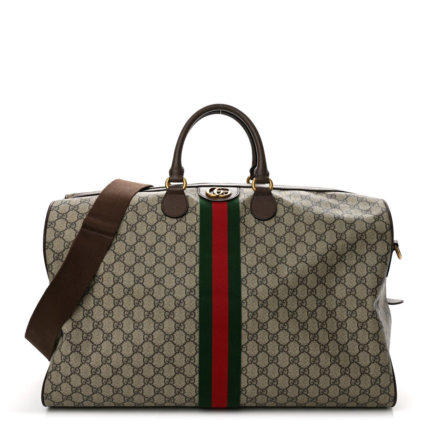 Gucci GG Supreme Monogram Textured Dollar Calfskin Web Large Savoy Duffle Bag Beige Ebony New Acero