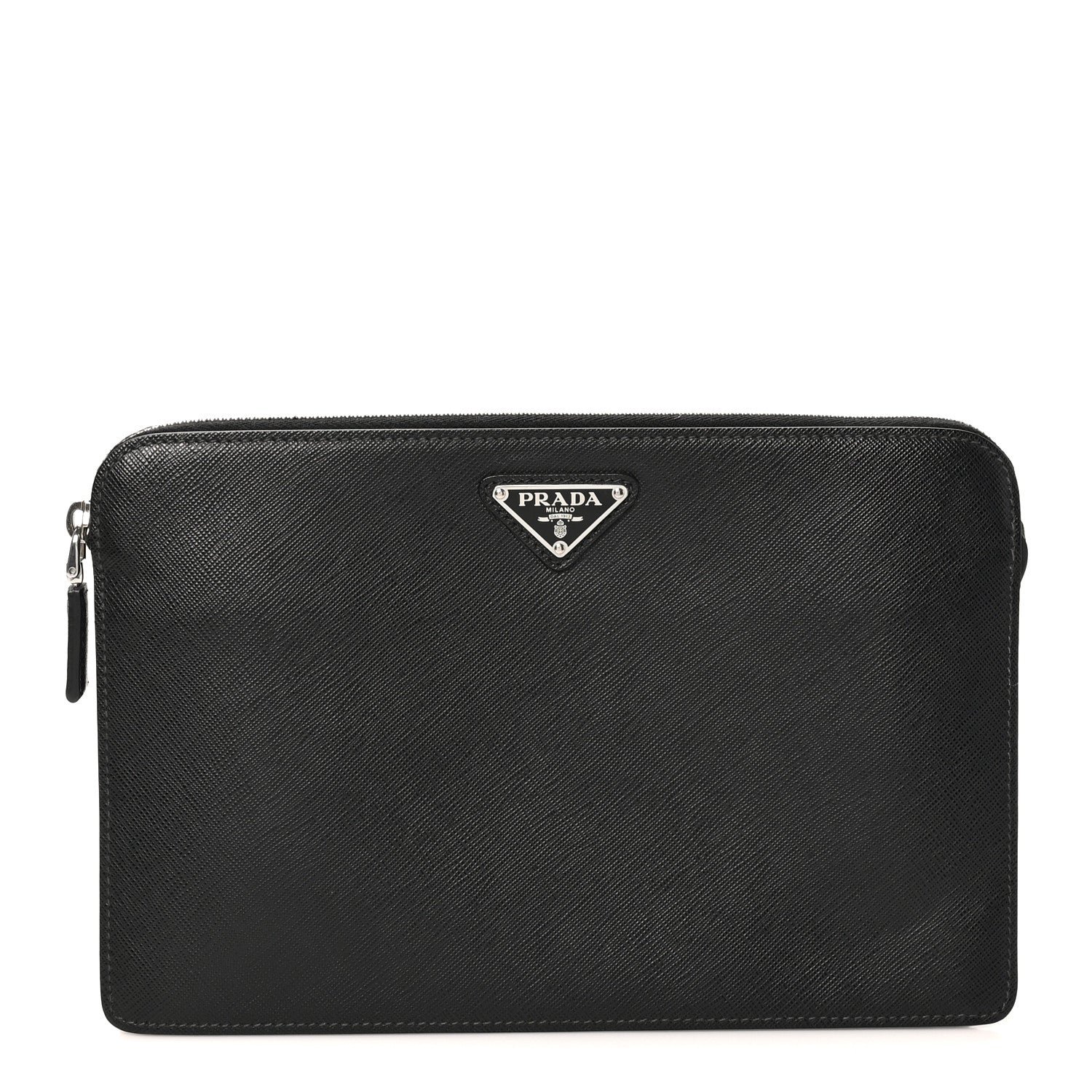 Prada Saffiano Travel Metal Triangle Logo Slip Handle Wristlet Pouch Black