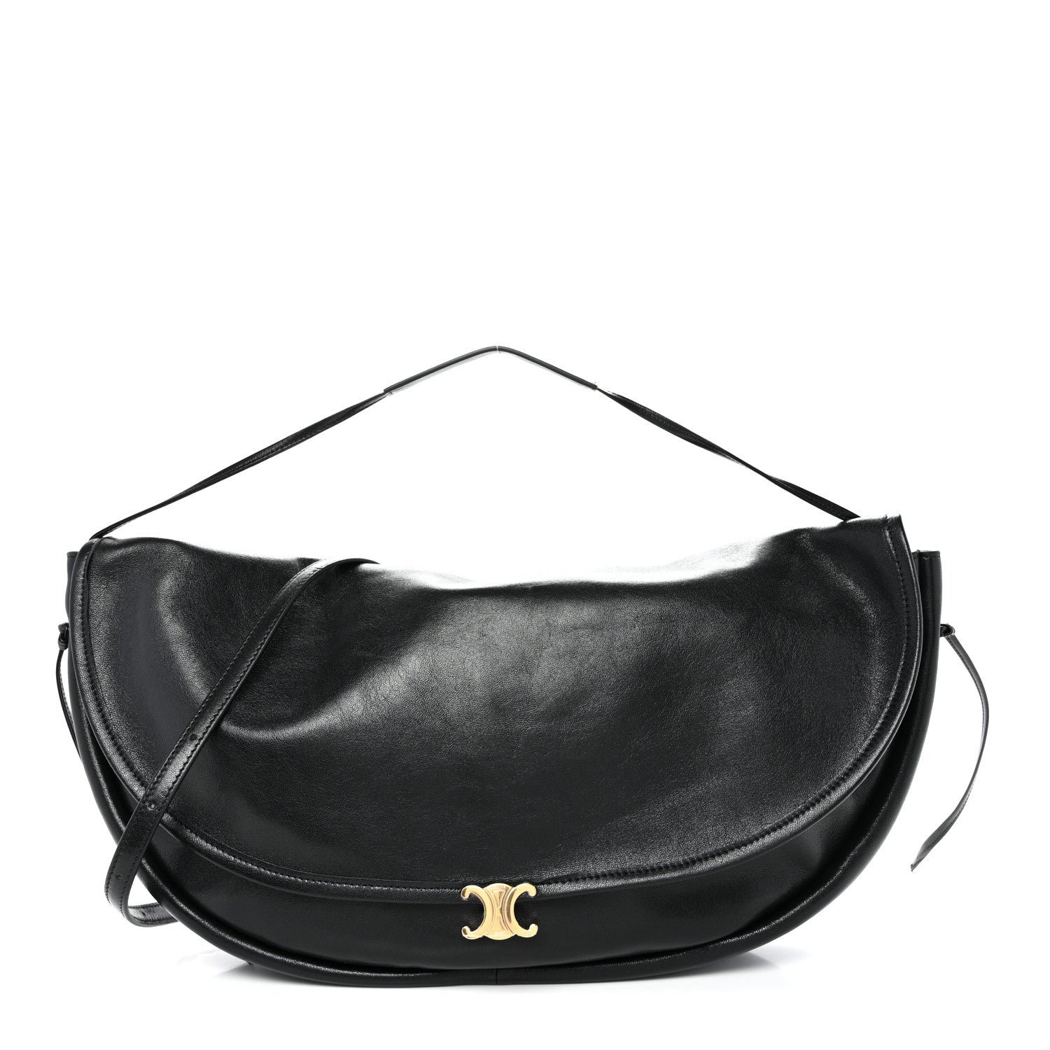 Celine Celine Shiny Lambskin Soft Triomphe Half Moon Bag Black