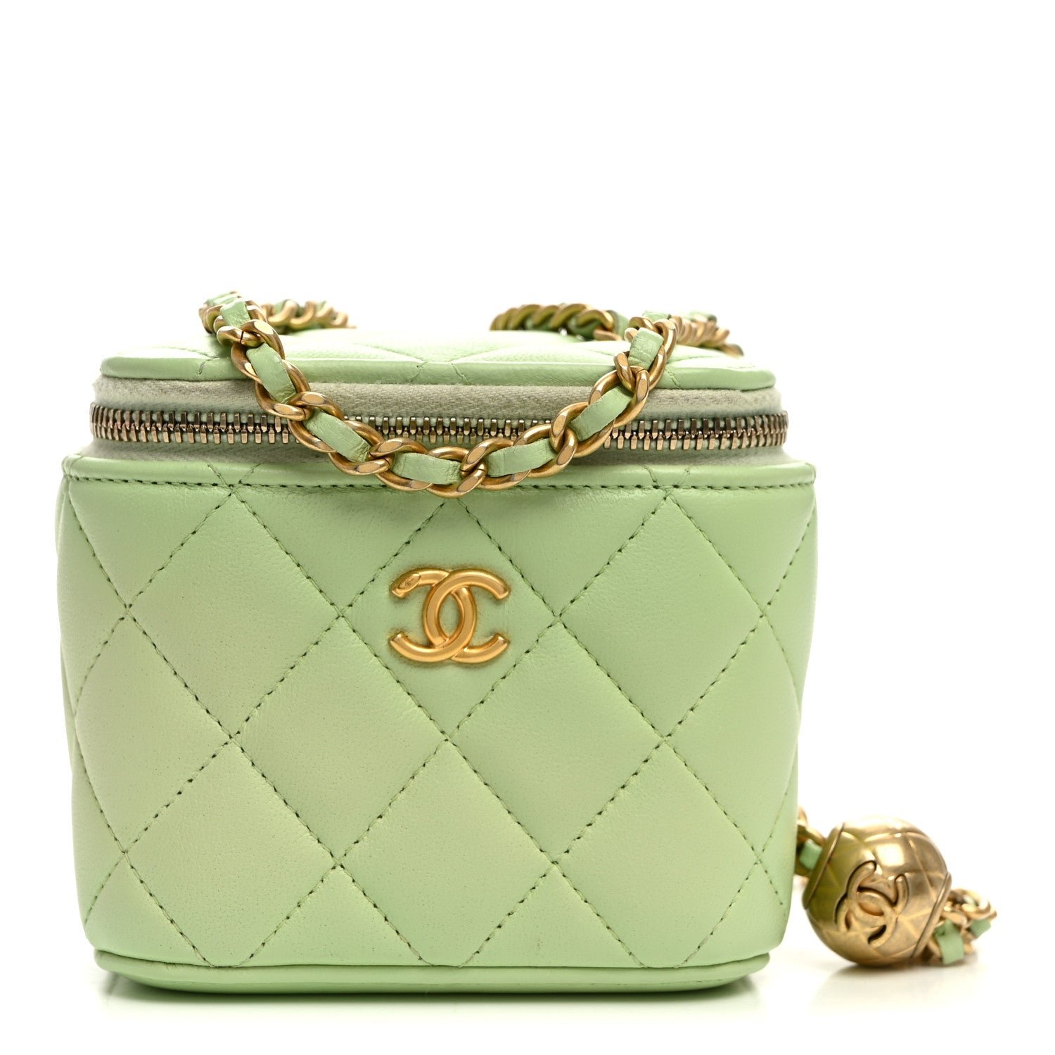 Chanel Lambskin Quilted Pearl Crush Mini Vanity Case With Chain Light Green