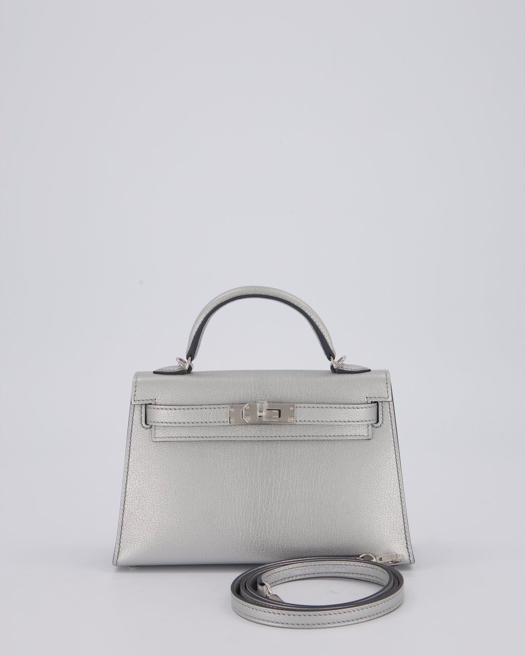 *SUPER RARE & HOT* Hermès Mini Kelly II 20 Bag in Metallic Argent Chèvre Chamkila Leather with Palladium Hardware