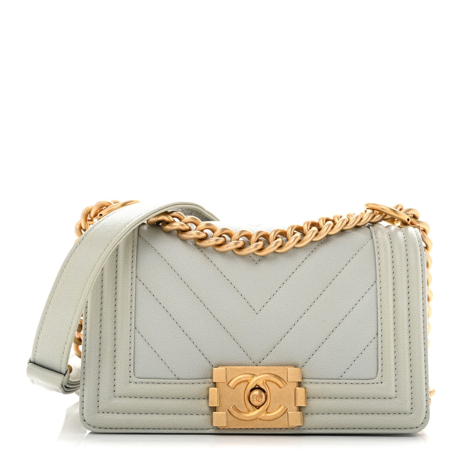 Chanel Caviar Chevron Quilted Small Boy Flap Light Grey