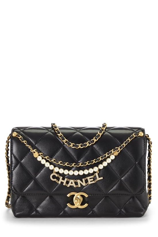 Black Quilted Lambskin Pearl Logo Flap Bag Small