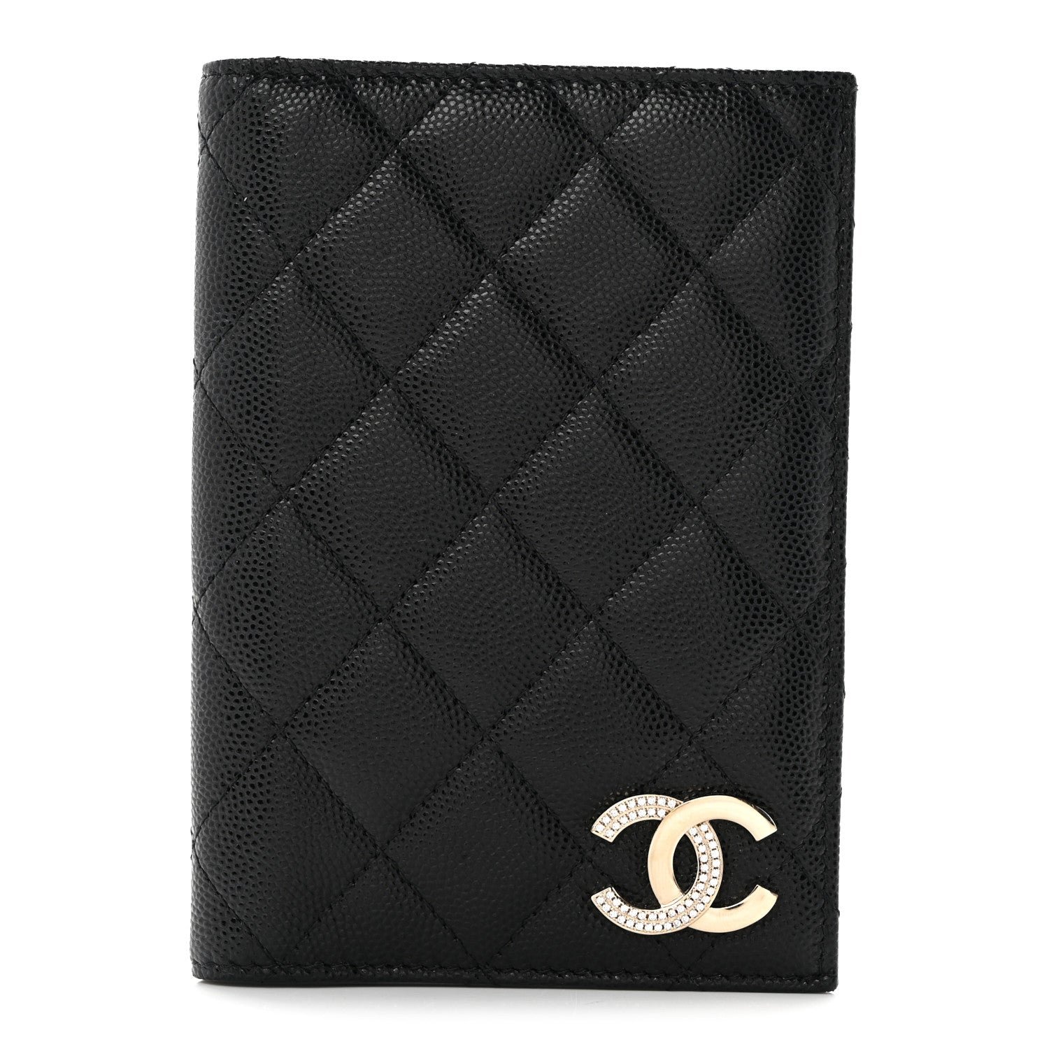 Chanel Caviar Quilted Crystal CC Passport Holder Black