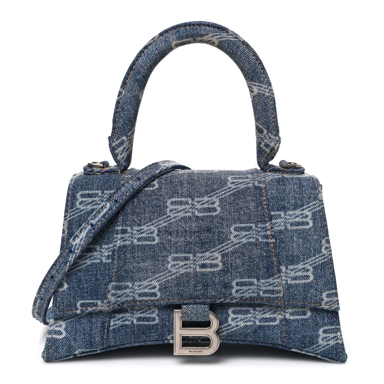 Balenciaga Denim BB Monogram Small Hourglass Top Handle Bag Blue