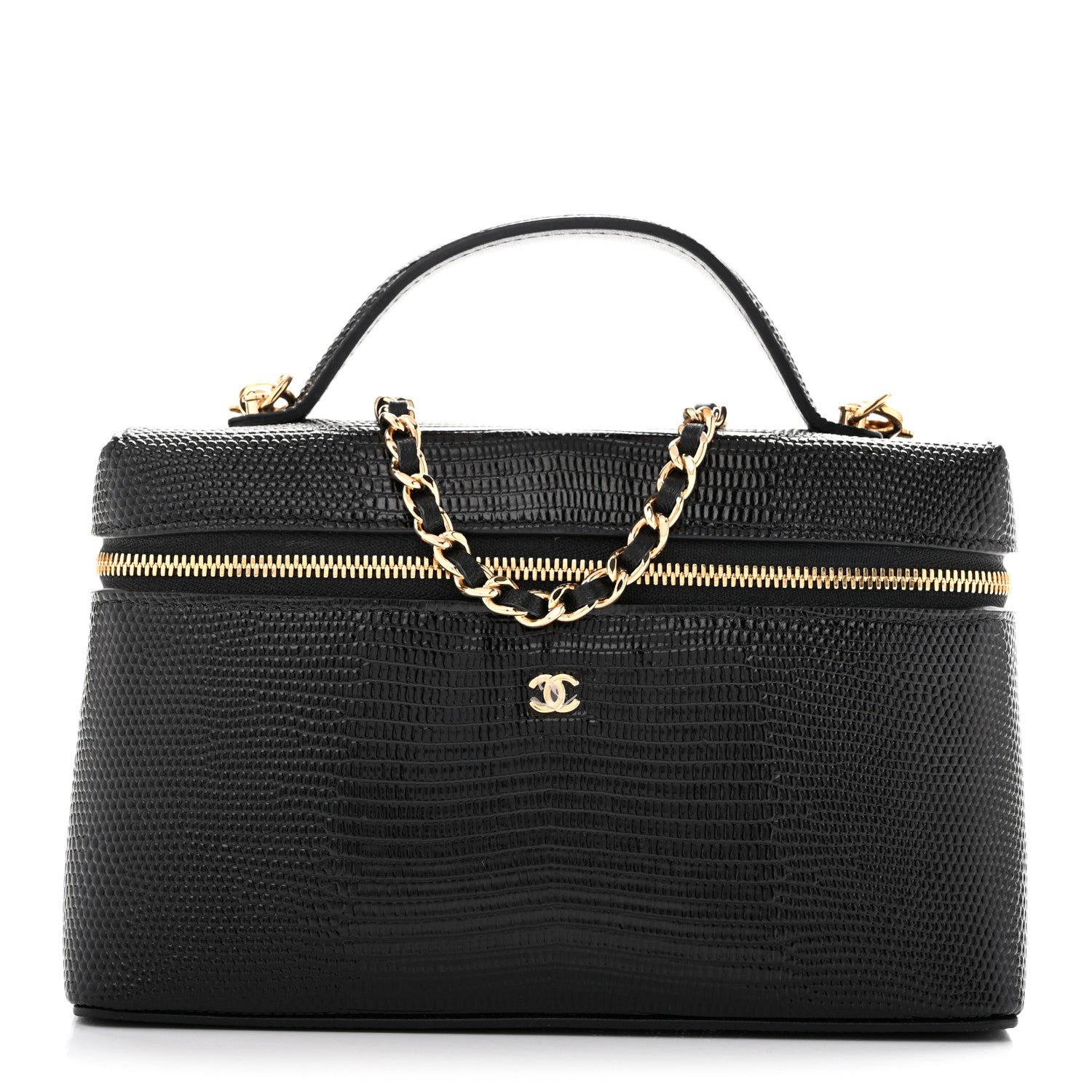 Chanel Lizard Embossed Calfskin Top Handle Slim Vanity With Chain Black