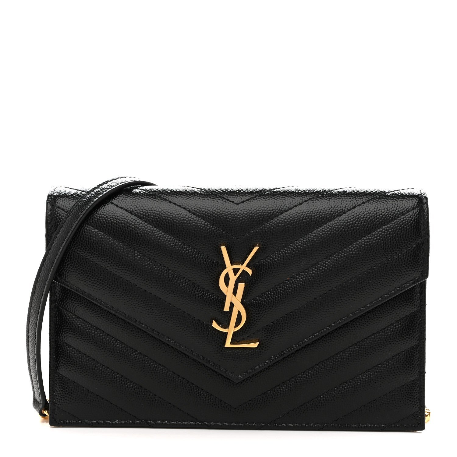 Saint Laurent Grain De Poudre Matelasse Chevron Monogram Envelope Chain Wallet Black