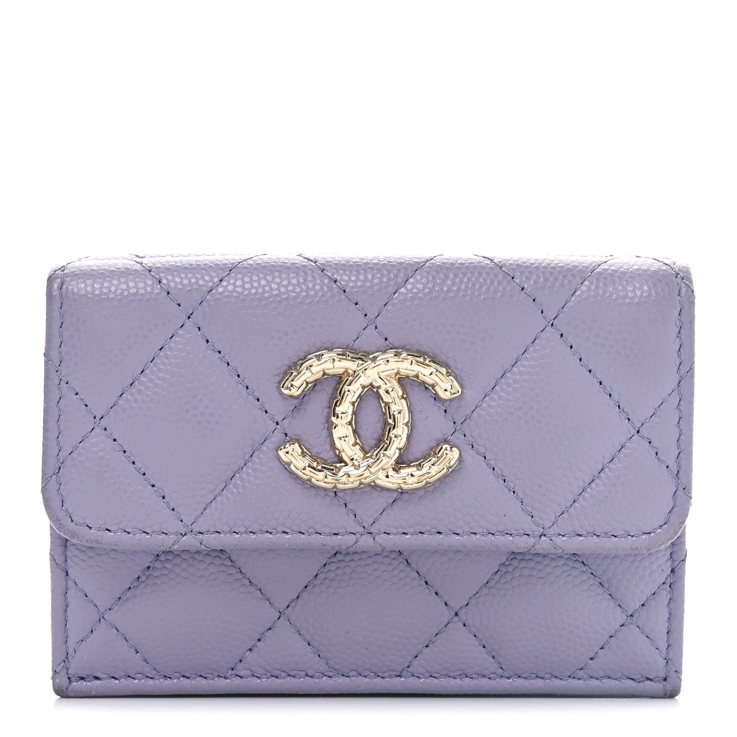 Chanel Caviar Quilted Textured CC Double Flap Wallet Purple