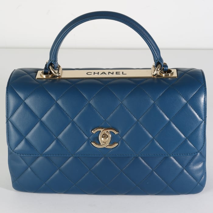 Navy Quilted Lambskin Medium Trendy Top Handle Bag