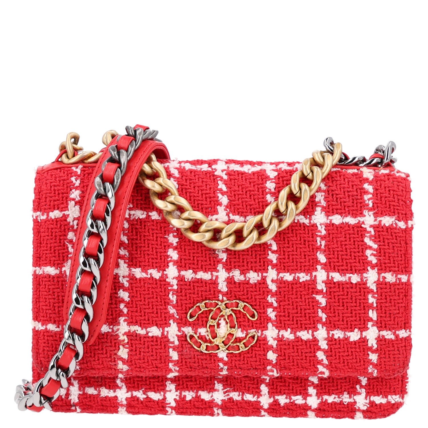 Chanel Tweed Quilted Chanel 19 Wallet On Chain WOC Red White