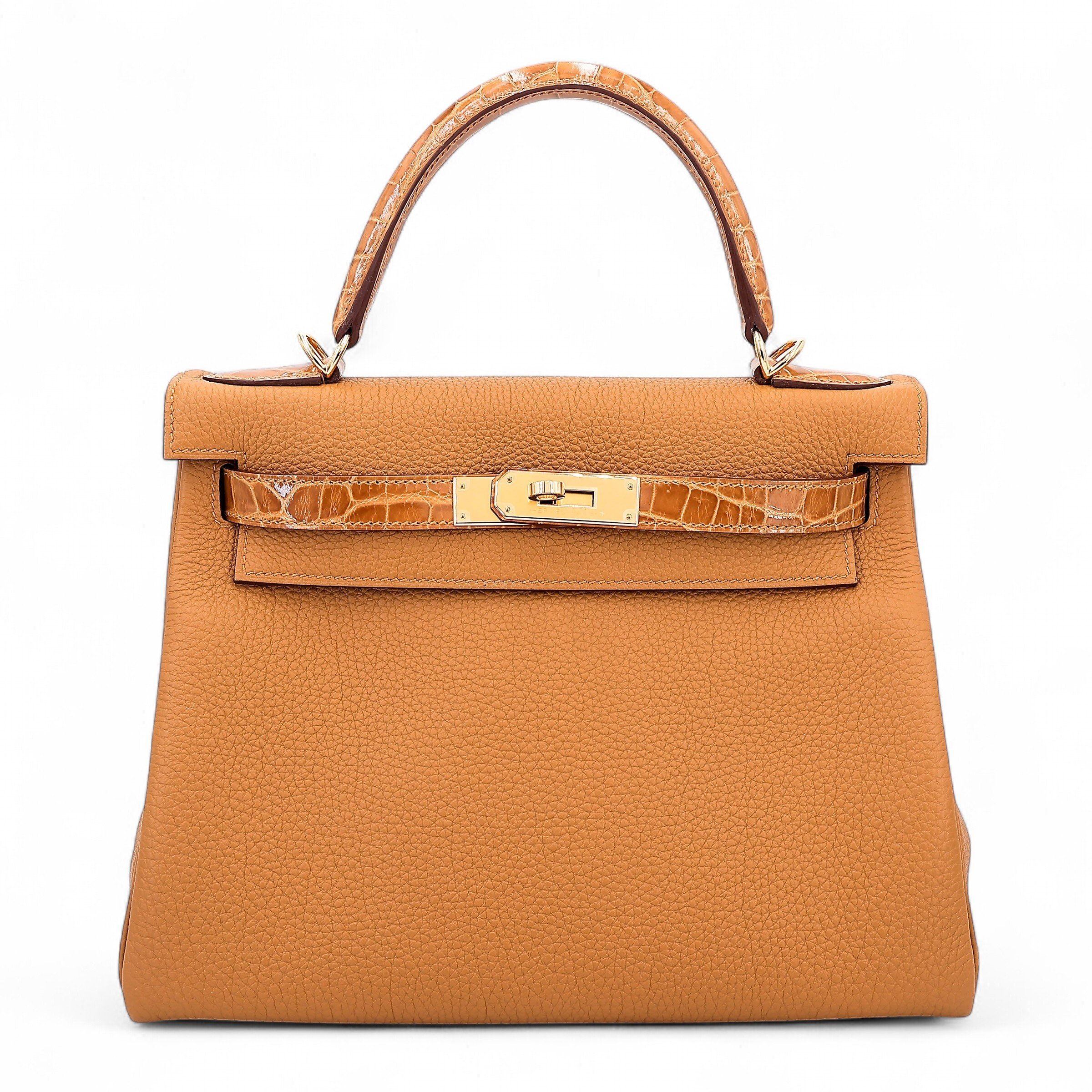 Hermes Unused ( Rank NS ) HERMÈS Kelly 28 Touch Tabac Camel (24) Togo Shiny Niloticus Crocodile Gold hardware U (2022)