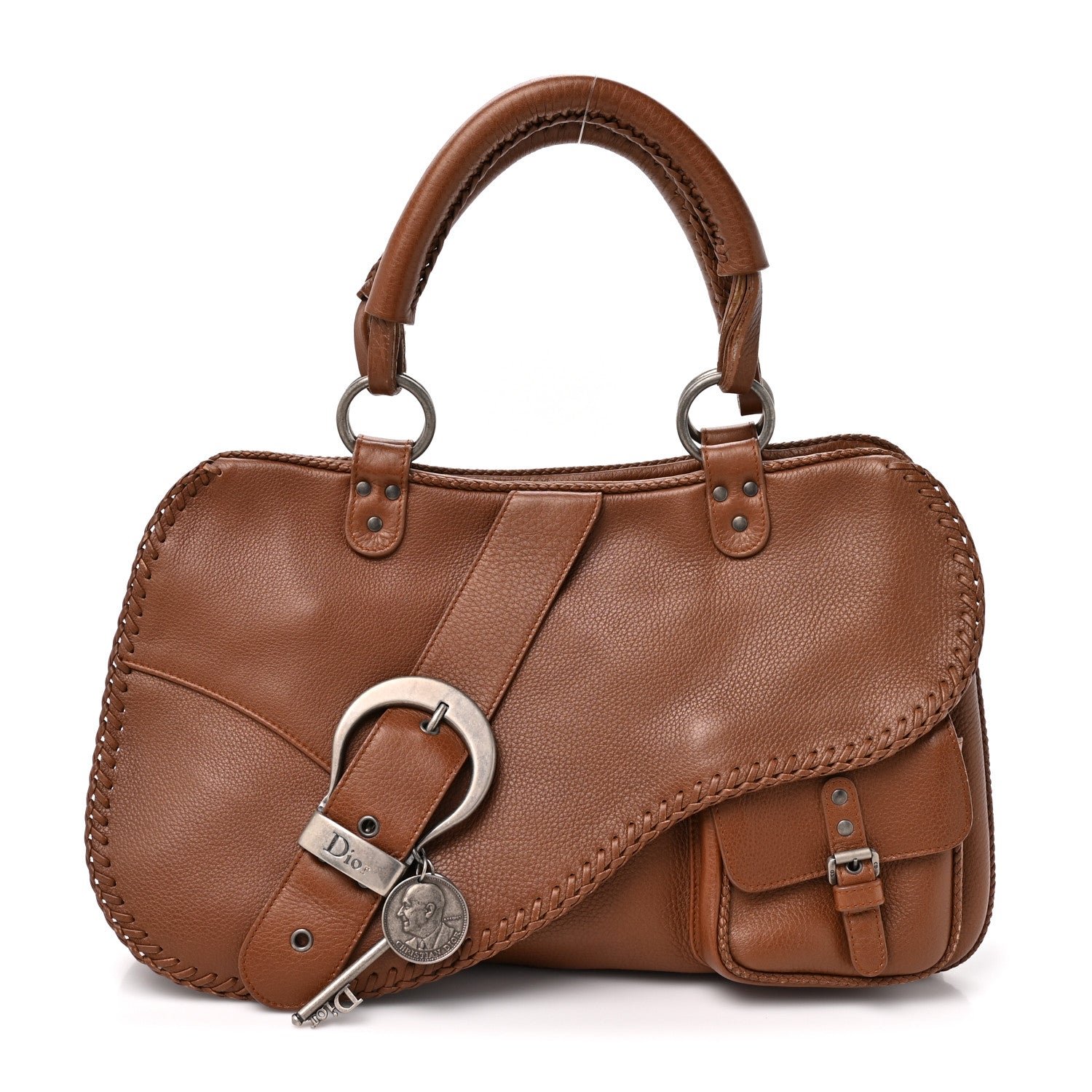 Christian Dior Pebbled Calfskin Braided Gaucho Saddle Handle Bag Brown