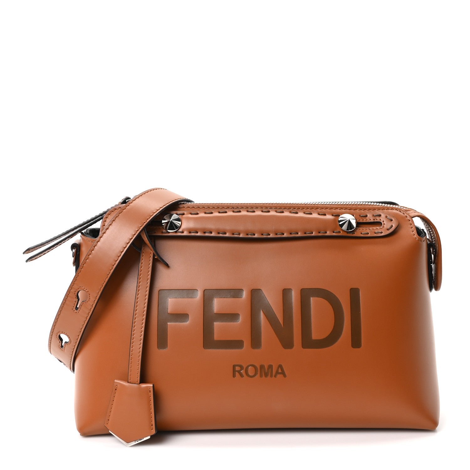 Fendi Vitello King Logo Embossed Medium By The Way Boston Bag Cuoio